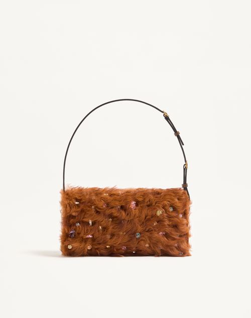 Valentino Garavani - Valentino Garavani Devain Small Shoulder Bag In Lamb Fur With Rhinestones. - Brown/multicolour - Woman - Shoulder Bags